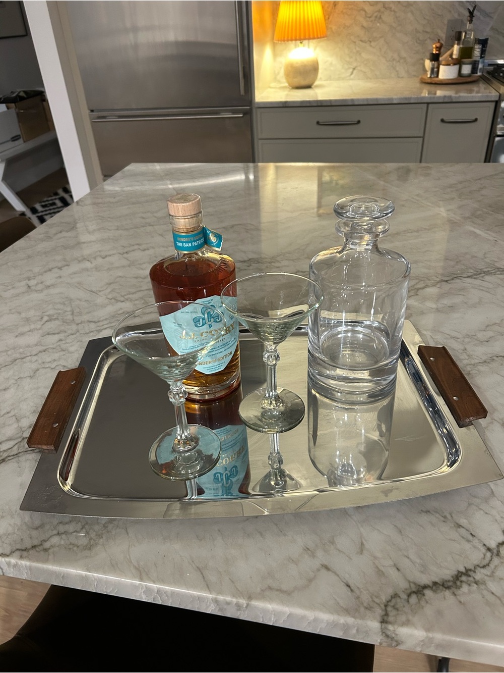 Stainless Midcentury Modern Danish serving Tray with Wood Handles